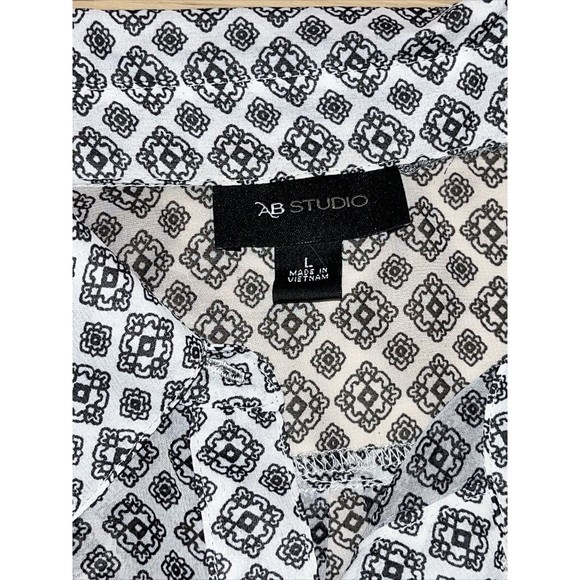 AB Studio Sheer Button Up Blouse Womens L Black and White Roll Tab Long Sleeve - Picture 6 of 6